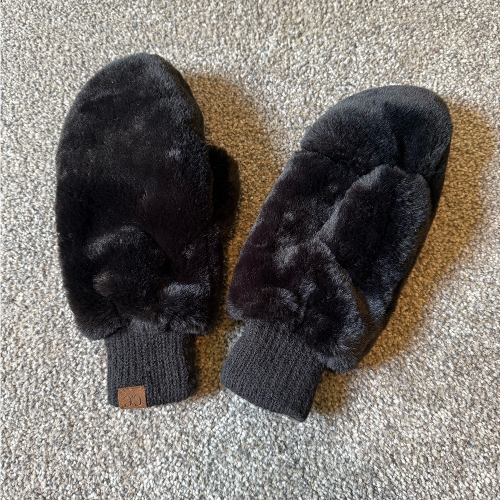 CC Black Faux Fur Mittens with Finger Cuff